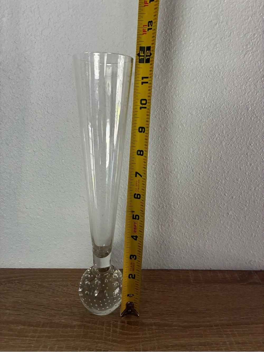 MCM 12” Clear Glass Trumpet Vase Bubble Base Vintage Minimalist